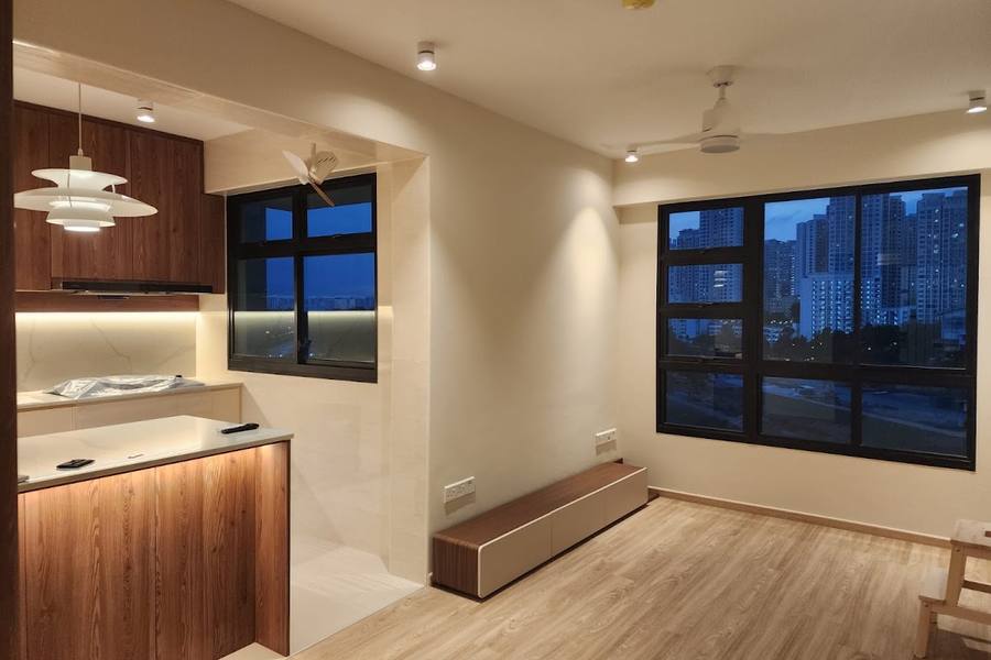 Downlights, pendant lamp and ceiling fan in a finished flat by One Electrical