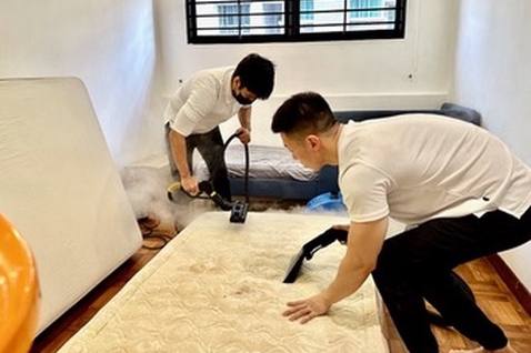 Two staff steam-cleaning mattresses by Three Butlers
